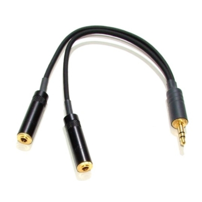 Ultra-Premium Audiophile Y adapter with two 1/8 inch female mono phone jacks (left and right) to a single stereo 1/8 inch male plug. Made in USA