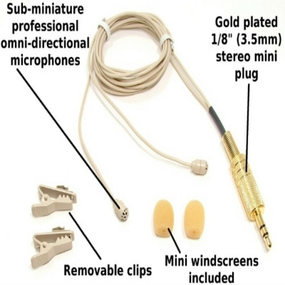 Binaural High Sensitivity Miniature Microphones with black cables and right-angle plug SP-BMC-2-RA removable clips and windscreens included . Sound Professionals 