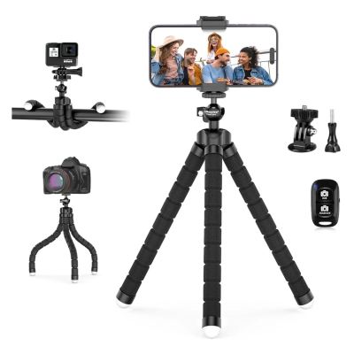 Phone tripod, Portable and Adjustable Camera Stand Holder with Remote and Universal Clip for iPhone, Android Phone, Camera, Sports Camera GoPro