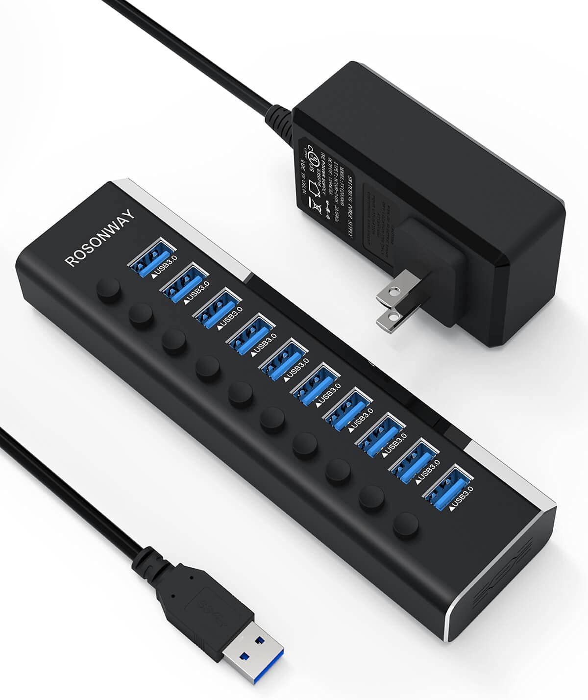 Powered USB Hub Rosonway Aluminum 13 Port USB 3.1/3.2 Gen 2 Hub 10Gbps with  72W (12V/6A) Power Adapter and Individual Switches, Type A and Type C