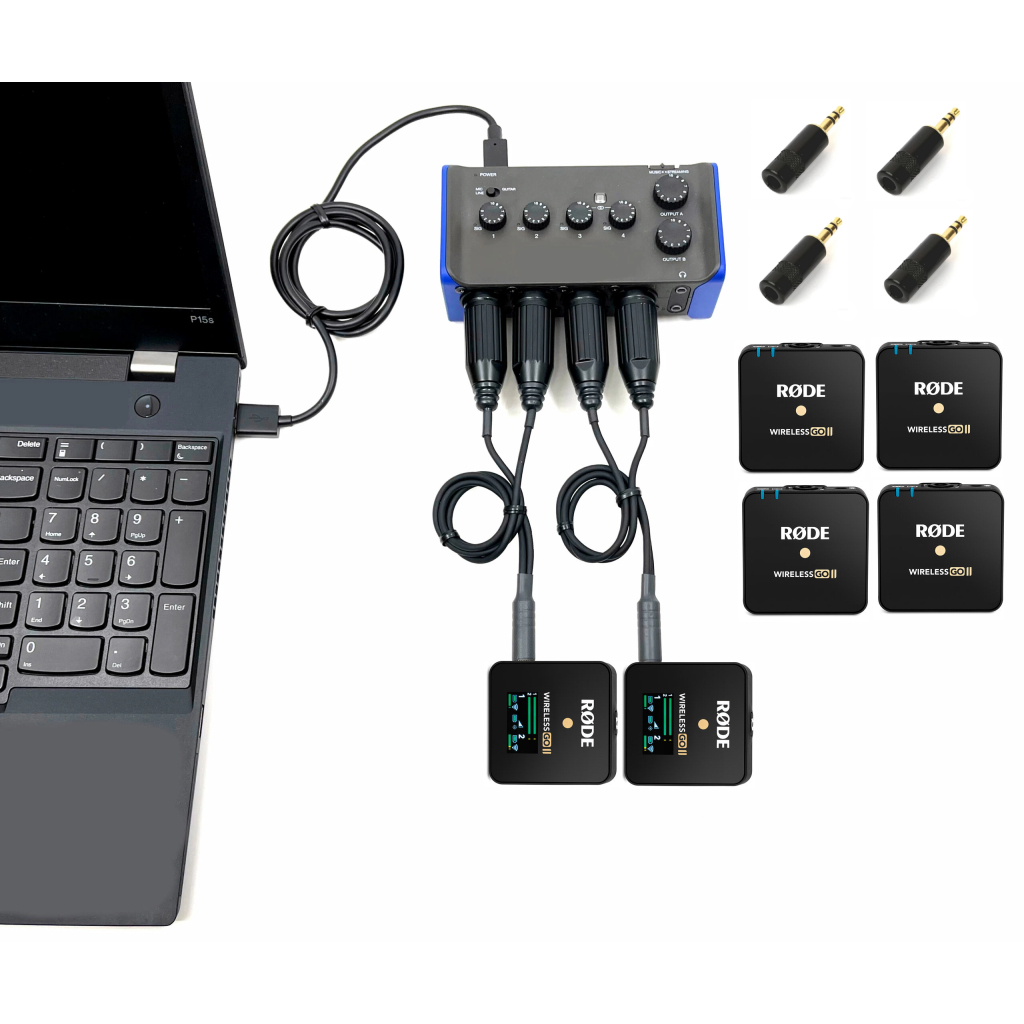 Complete 4 wireless microphone system with multitrack interface for Courtrooms and Depositions