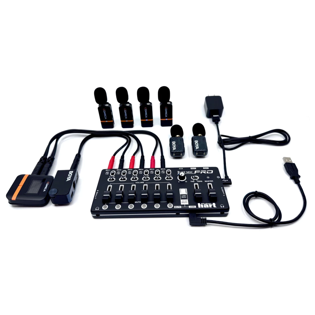 Complete 6 wireless microphone system with 6 channel mixer for Courtrooms and Depositions