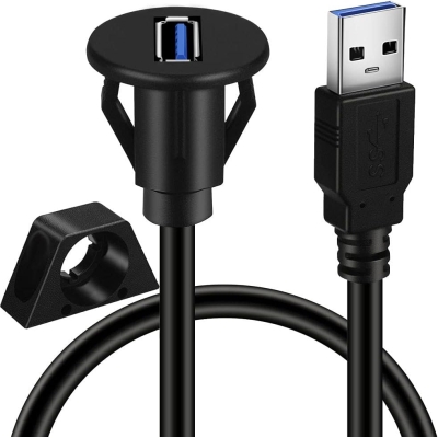 BATIGE Small USB 3.0 Male to Female AUX Flush Panel Mount Extension Cable for Car/Truck/Boat/Motorcycle Dashboard - 3ft long