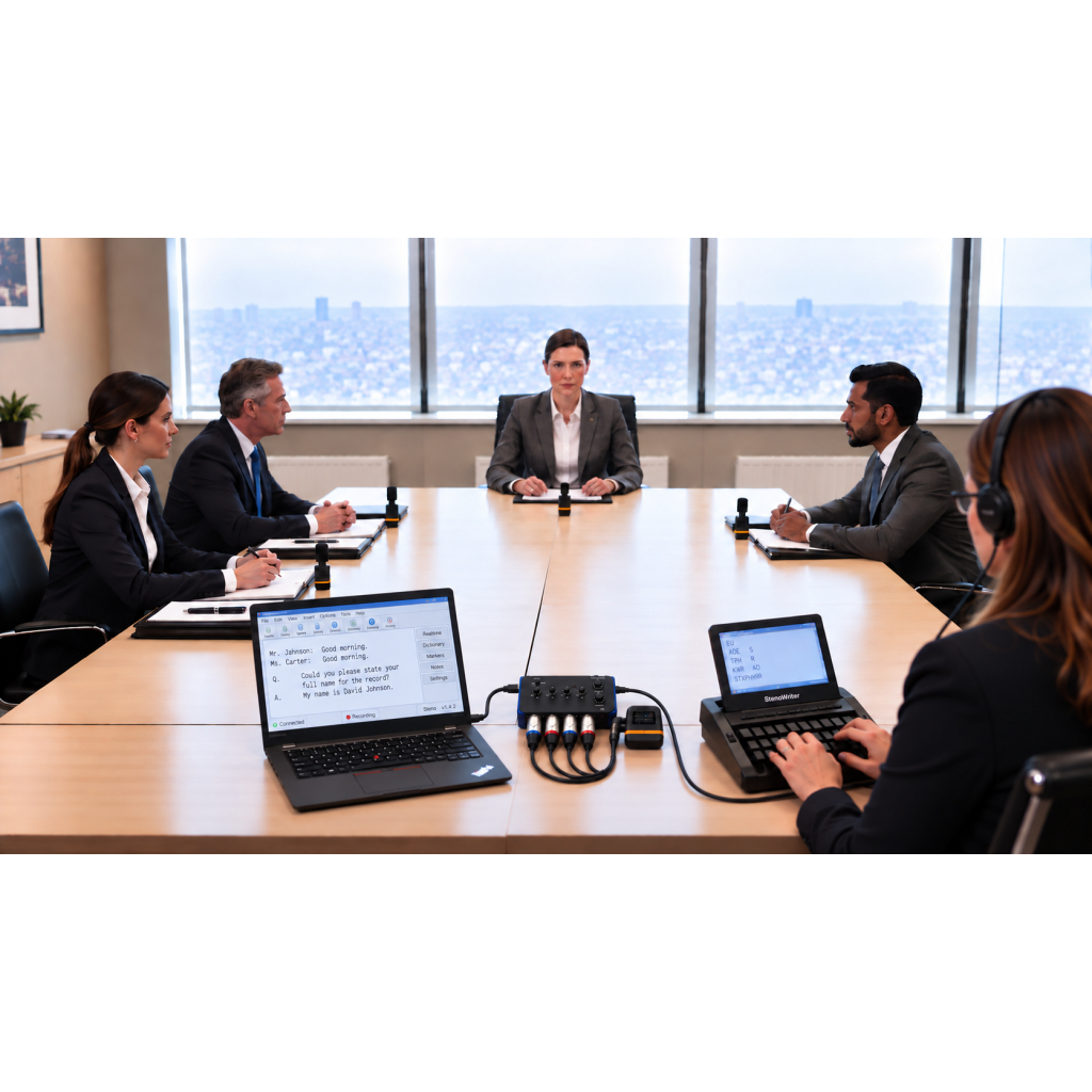 Complete 4 wireless microphone system with 4 channel multitrack mixer for Courtrooms and Depositions