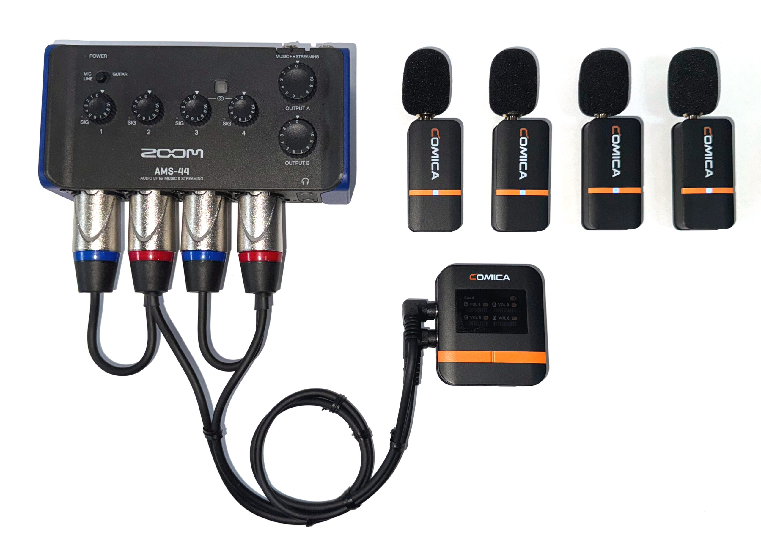 Complete Comica 4 channel wireless microphone system with multitrack interface for Courtrooms and Depositions