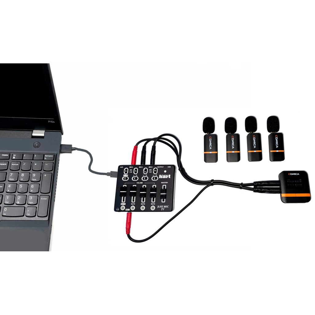Complete Comica 4 channel wireless microphone system with mixer for Courtrooms and Depositions