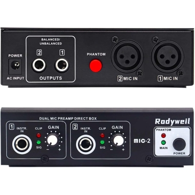 Microphone Preamp Mic Booster 4 Input Max 65db DI Box with 48V Phantom Power for Dynamic and Condenser Mic