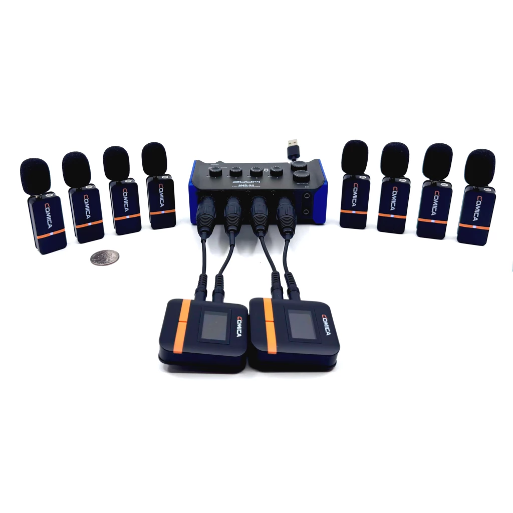NEW! Complete 8 wireless microphone system with 4 channel multitrack mixer for Courtrooms and Depositions