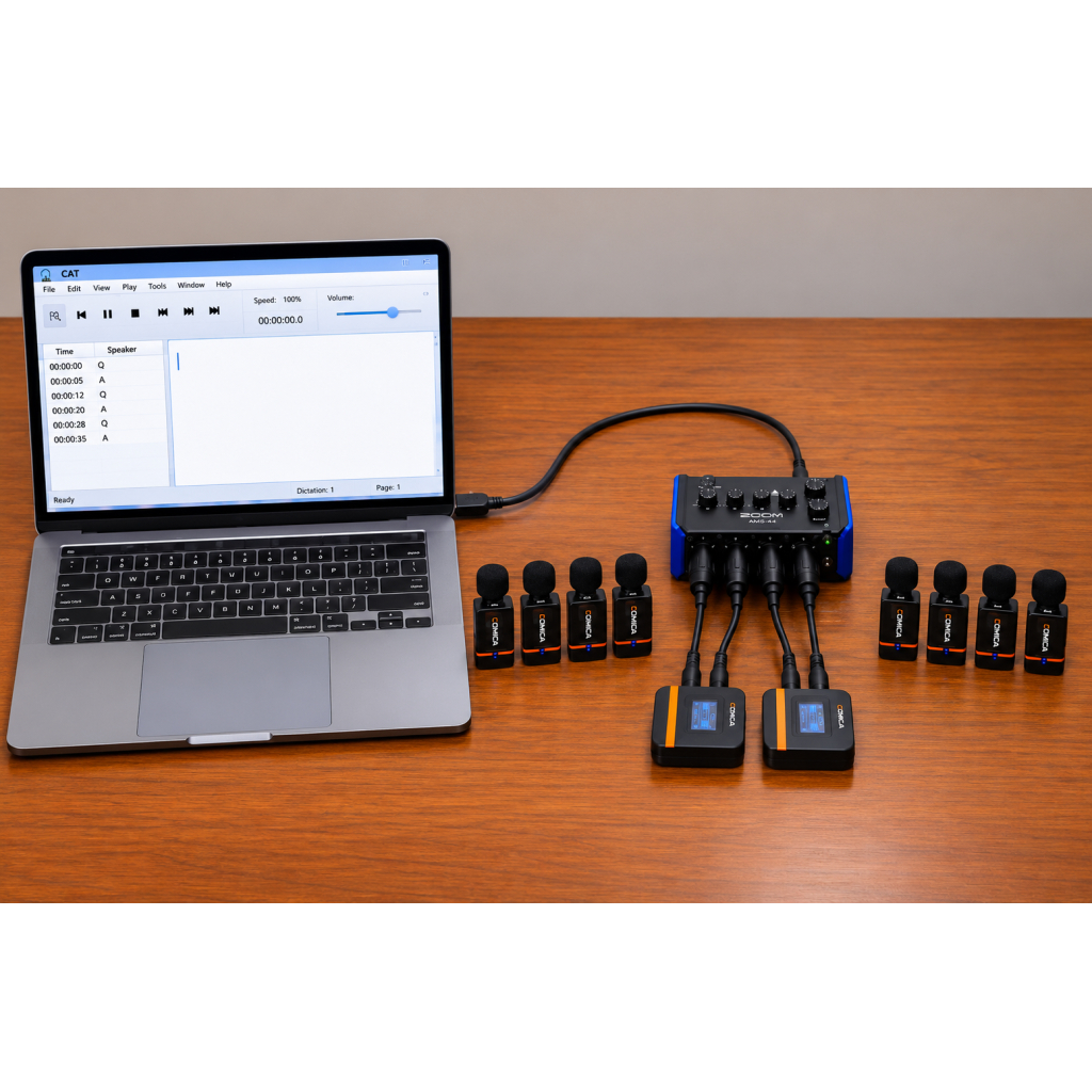 Complete 8-Microphone Wireless System with 4-Channel Multitrack Mixer for Courtrooms and Depositions
